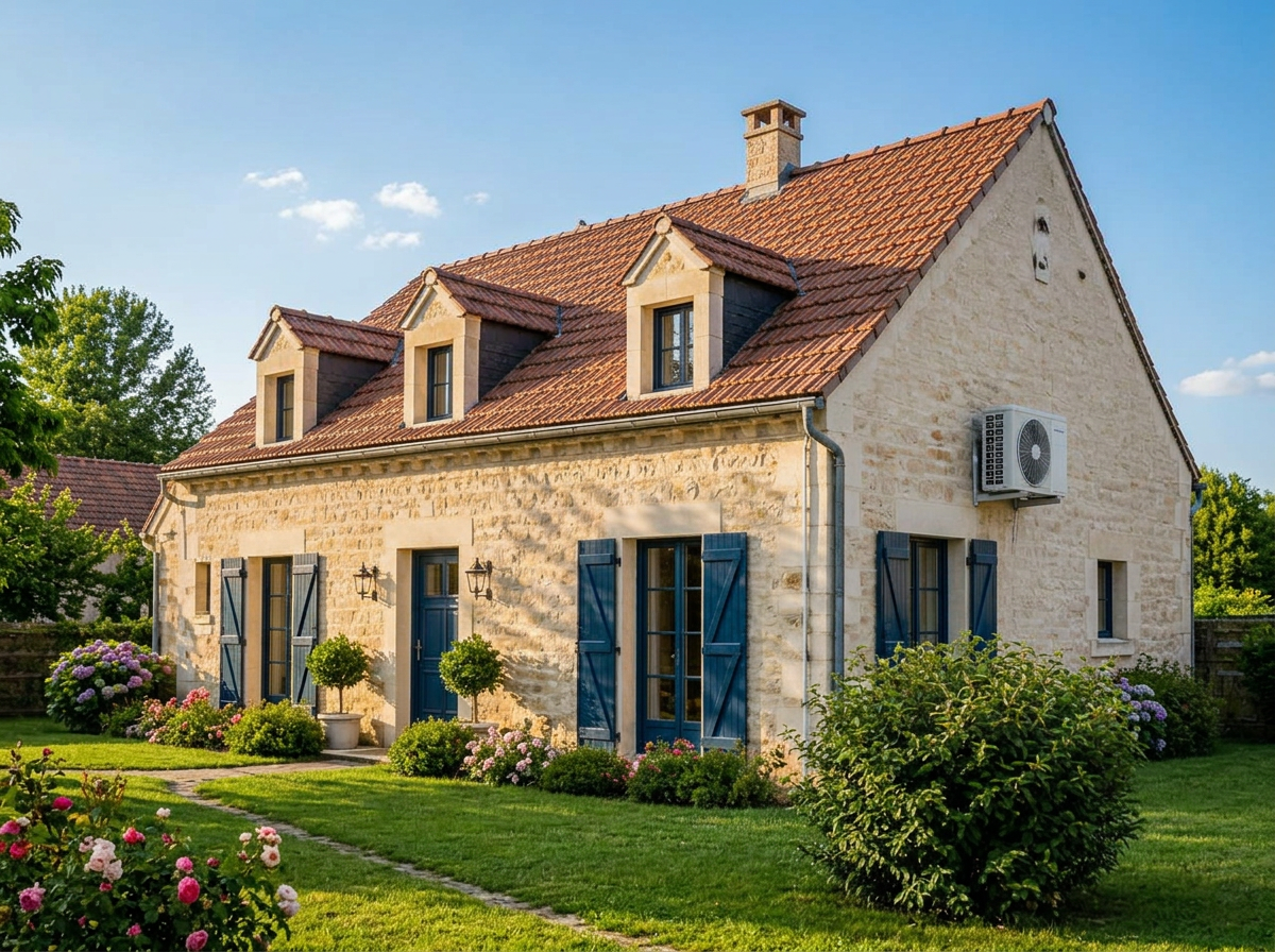 La même maison en été, jardin verdoyant et ciel bleu